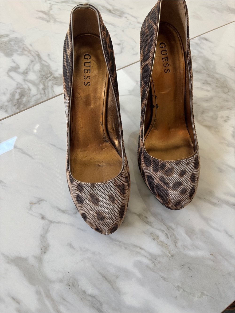 GUESS Leopard-Print Platform Heel in Cream and Brown